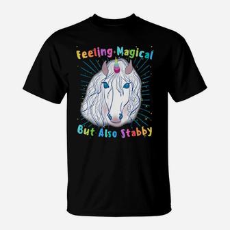 Unicorn Magical But Stabby Retro 70S Rainbow Distressed T-Shirt - Monsterry AU