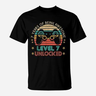 Vintage 7Th Birthday Level 7 Unlocked Funny Gamer T-Shirt | Crazezy UK