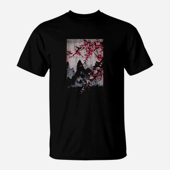 Vintage Cherry Blossom Woodblock Japanese Graphical Art T-Shirt | Crazezy AU