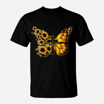 Vintage Faith Cross Sunflower Butterfly Christian T-Shirt - Monsterry