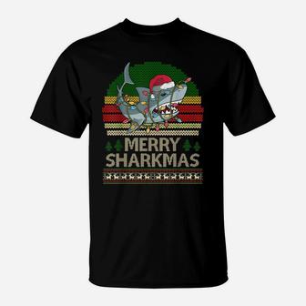 Vintage Merry Sharkmas Ugly Christmas Tee Funny Santa Hat T-Shirt | Crazezy AU