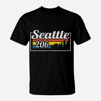 Vintage Seattle City Skyline 206 State Of Washington Retro T-Shirt | Crazezy CA