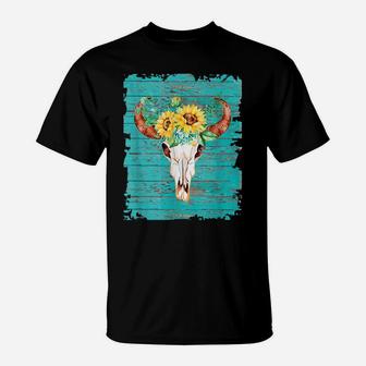 Vintage Sunflower Cow Skull Blue For Cowgirl Country Girl T-Shirt | Crazezy