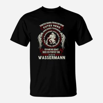 Wassermann Sternzeichen T-Shirt Schwarz, 'Gutes Herz - Kalter Geist' Spruch - Seseable