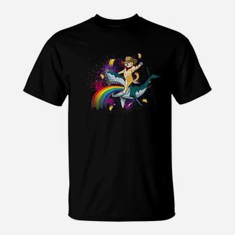 Western Cowboy Cat Riding A Shark In Taco Space Rainbow T-Shirt | Crazezy CA