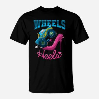 Wheels Or Heels Gender Reveal Family T-Shirt | Crazezy