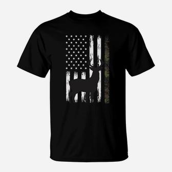 Whitetail Deer Hunting Hunter Gifts Buck Camo American Flag T-Shirt | Crazezy