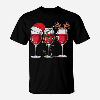 Wine Christmas Lights Xmas Women Santa Hat Reindeer Antlers Sweatshirt T-Shirt | Crazezy