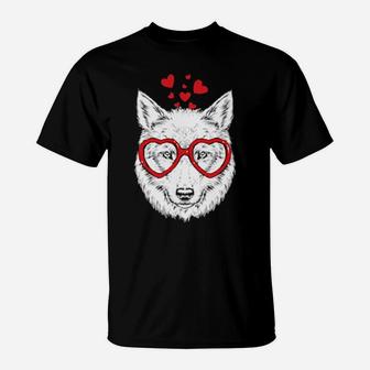 Wolf Sunglasses Love Cute Wolf Valentine Heart T-Shirt - Monsterry