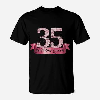 Womens Birthday Queen I Pink 35Th Number & Ribbon Banner Outfit T-Shirt | Crazezy UK
