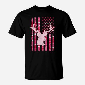 Women's Camo Whitetail Buck Deer Pink Camouflage Usa Flag T-Shirt | Crazezy