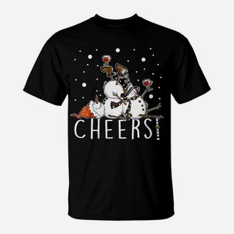 Womens Cheers Snowman And Wine Christmas Funny T-Shirt | Crazezy