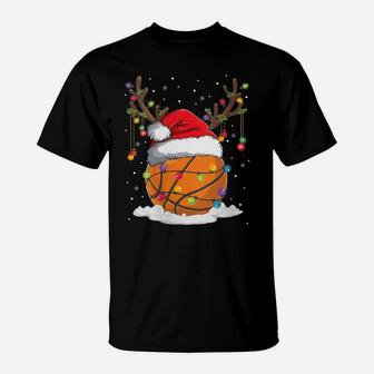 Womens Christmas Basketball Reindeer Funny Santa Hat Xmas Kids Gift T-Shirt | Crazezy CA