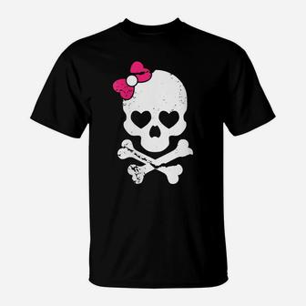 Womens Cute Skull And Cross Bone Pink Bow Tie Women Girls Adorable T-Shirt | Crazezy AU
