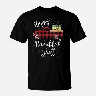 Womens Funny Buffalo Plaid Happy Hanukkah Y'all Red Truck Gift T-Shirt | Crazezy