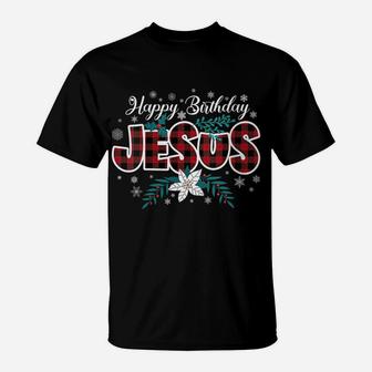 Womens Happy Birthday Jesus Flower Red Buffalo Plaid Jesus Lovers T-Shirt | Crazezy