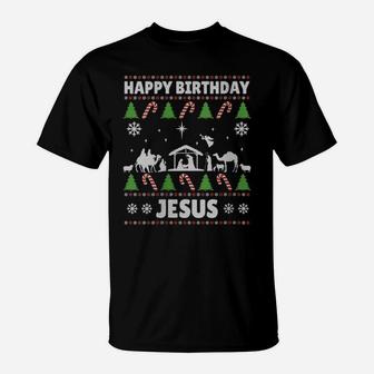 Womens Happy Birthday Jesus Xmas Holiday Christmas Ugly Sweater T-Shirt | Crazezy DE