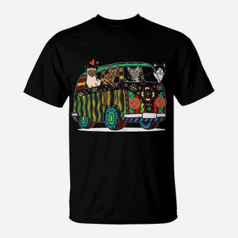 Womens Hippie Psychedelic Floral Peace Cat Van Bus Tropical Campers T-Shirt | Crazezy AU