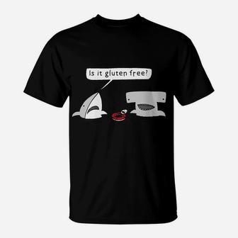 Womens Is It Gluten Free Two Sharks Graphic T-Shirt | Crazezy
