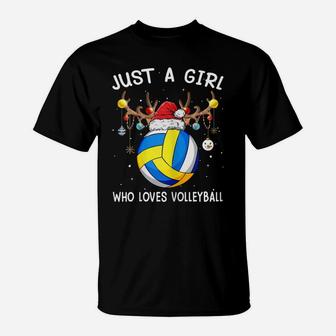 Womens Just A Girl Who Loves Volleyball Christmas Funny Santa Hat T-Shirt | Crazezy
