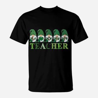 Womens Lucky Teacher Gnomes St Patricks Day Leopard Print Shamrocks T-Shirt | Crazezy DE