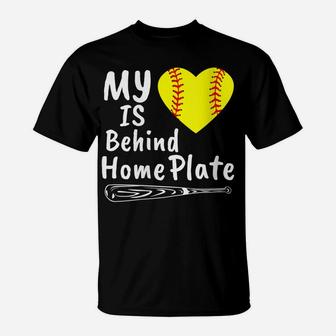 Womens My Heart Is Behind Home Plate Softball Proud Mom Dad Gift T-Shirt | Crazezy CA