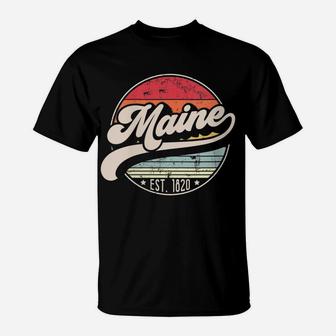 Womens Retro Maine Home State Me Cool 70S Style Sunset Gift T-Shirt | Crazezy