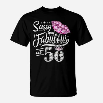Womens Sassy And Fabulous At 50 Years Old 50Th Birthday Crown Lips T-Shirt | Crazezy
