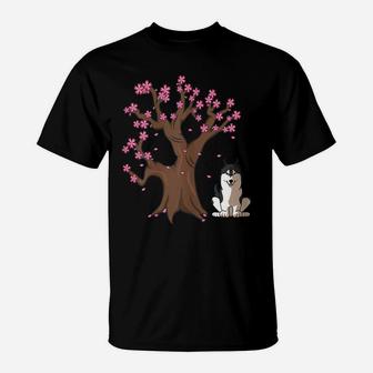 Womens Siberian Husky Dog Mom Japanese Cherry Blossom T-Shirt | Crazezy