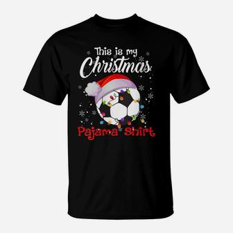 Womens This Is My Christmas Pajama Soccer Ball Santa Hat T-Shirt | Crazezy