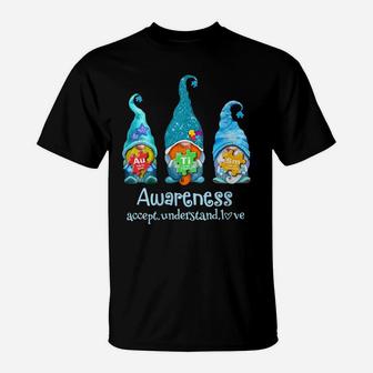 Womens Three Blue Gnomes Autism Awareness Puzzle Chemical Element T-Shirt | Crazezy
