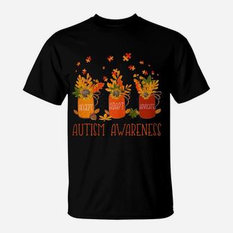 Womens Tu Autism Awareness Gift Autumn Bottles Fall Flower Ribbon T-Shirt | Crazezy