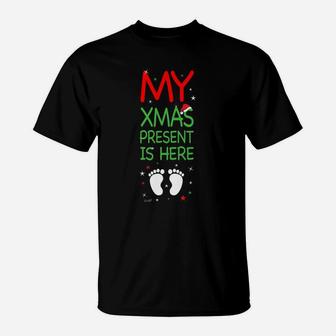 Xmas Present Baby Bump First Christmas T-Shirt | Crazezy