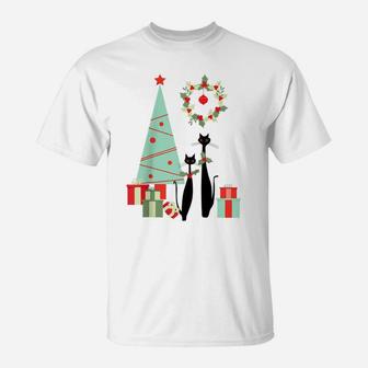 Atomic Era Mid Century Modern Cool Cat Pair Christmas Tree Sweatshirt T-Shirt | Crazezy