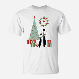 Atomic Era Mid Century Modern Cool Cat Pair Christmas Tree T-Shirt | Crazezy UK
