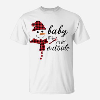 Baby It's Cold Outside Cute Christmas Snowman Buffalo Plaid T-Shirt | Crazezy