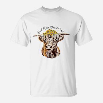 Bad Hair Dont Care Funny Scottish Highland Cow T-Shirt | Crazezy UK