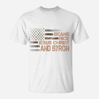 Beans Rice Jesus Christ And Byron Camouflage American Flag T-Shirt | Crazezy