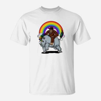 Bigfoot Riding Rhino Chubby Unicorn Magical Rainbow T-Shirt - Thegiftio UK