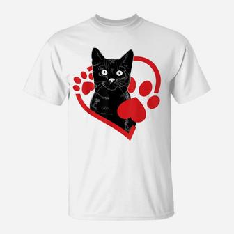 Black Cat Heart Footprint Animal Happy Valentine's Day Gifts T-Shirt | Crazezy DE