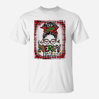 Bleached One Merry Mama Messy Bun Mama Christmas T-Shirt | Crazezy
