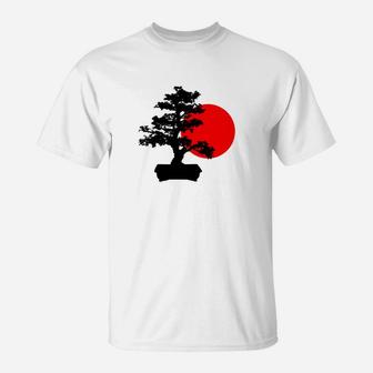 Bonsai-Baum und Sonnenaufgang Design Unisex T-Shirt, Japanische Kunst Tee - Seseable