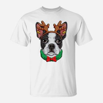 Boston Terrier Christmas Reindeer Antlers Xmas Girls Dog T-Shirt | Crazezy DE