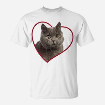 British Shorthair Cat Heart Love Portrait T-Shirt | Crazezy