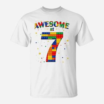 Building Blocks Bricks Awesome At 7 Years Old Birthday Boy T-Shirt | Crazezy