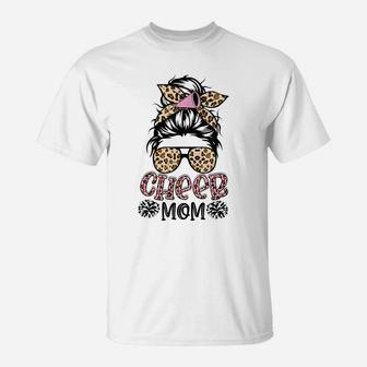 Cheer Mom Leopard Messy Bun Cheerleader Funny Mothers Day T-Shirt | Crazezy
