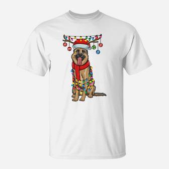 Christmas German Shepherd Dog Holiday Lights Merry Woofmas T-Shirt | Crazezy