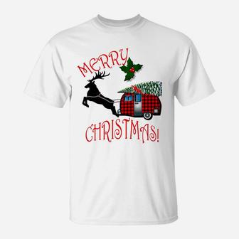 Christmas Gift Plaid Camper & Reindeer Funny Retro Xmas Ugly Sweatshirt T-Shirt | Crazezy CA