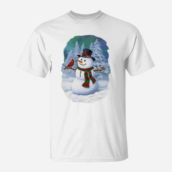 Christmas Snowman Cardinal Bird Chickadees Winter Snow Scene Sweatshirt T-Shirt | Crazezy