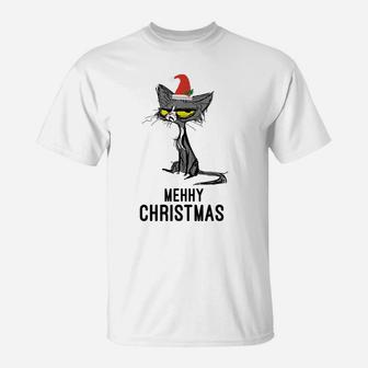 Christmas Tee For Cat Lovers Merry Christmas Meh Cat T-Shirt | Crazezy